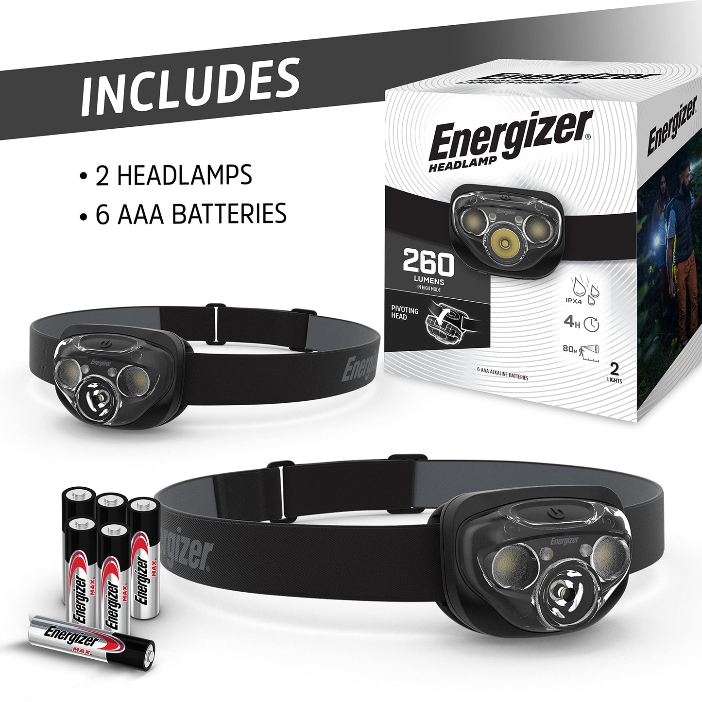 Energizer LED Headlamp PRO (2-Pack), IPX4 Water Resistant Headlamps, High-Performance Head Light for Outdoors, Camping, Running, Storm, Survival LED Light for Emergencies (Batteries Included)