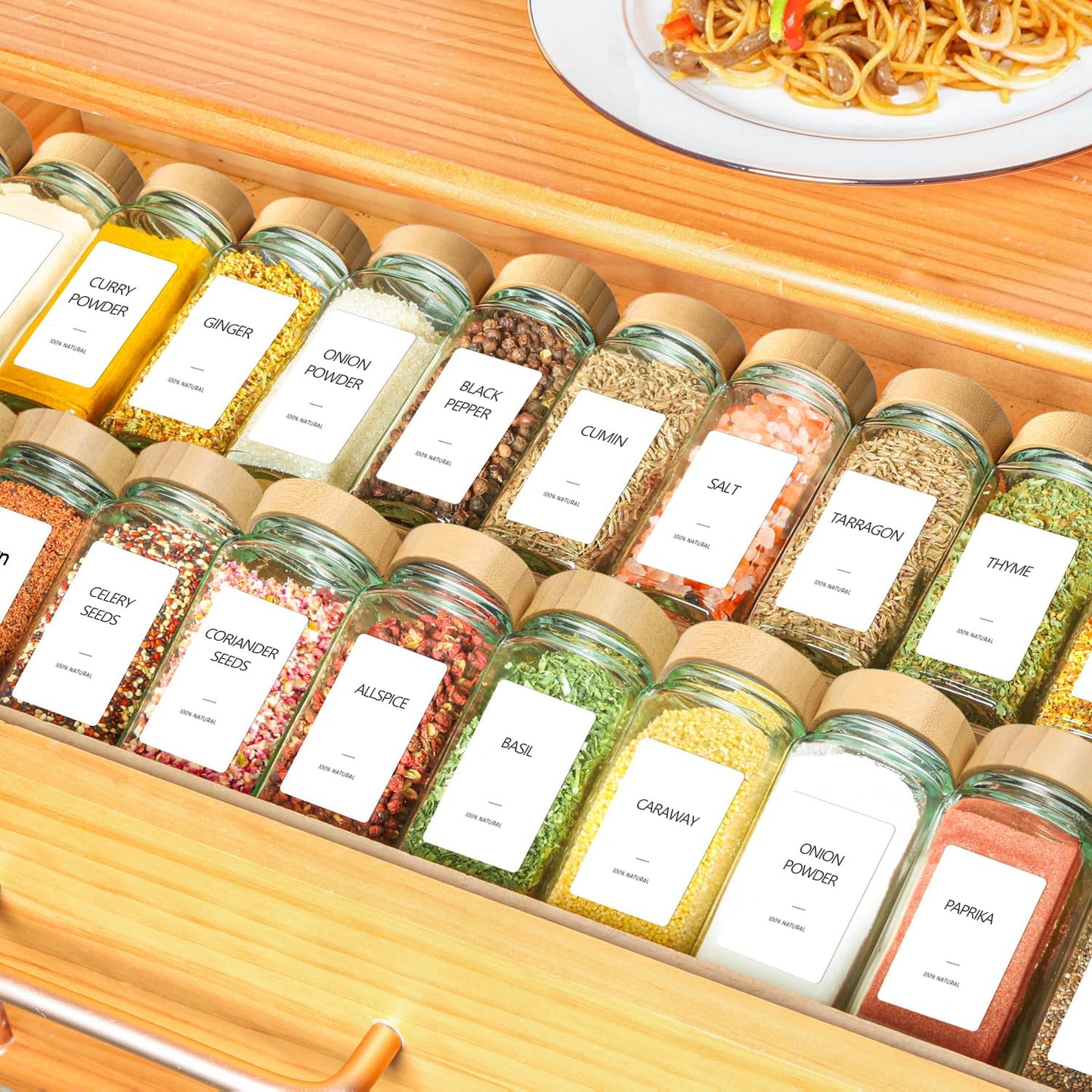 ComSaf Spice Jars with Label 4 oz 24Pcs, Glass Spice Jars with 6 Extra Shaker Inserts and 93 Labels, Seasoning Set with Bamboo Lids and Metal Funnel, Square Containers for Organization, Salt, Pepper