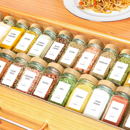 ComSaf Spice Jars with Label 4 oz 24Pcs, Glass Spice Jars with 6 Extra Shaker Inserts and 93 Labels, Seasoning Set with Bamboo Lids and Metal Funnel, Square Containers for Organization, Salt, Pepper