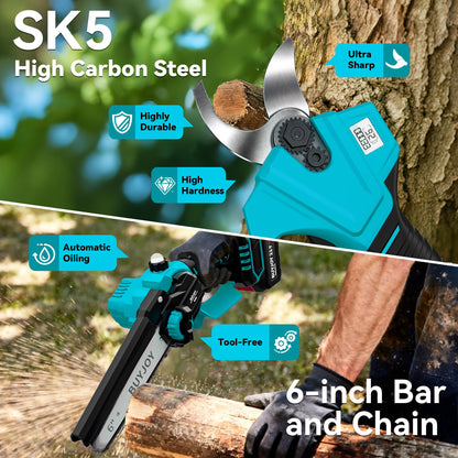 4-in-1 Pole Saw & Electric Pruning Shears, 6 Inch Pole Saws for Tree Trimming, Cordless Pruning Shears with 15.5ft Max Extension Pole, 2 x 4.0Ah Battery Powered Pole Saw Pruner for Garden (Blue)