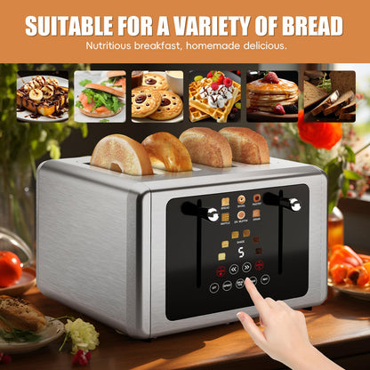 WUNLY 4 Slice Toaster, Touchscreen & Dual Independent Control Panel，5 Basic Functions & Digital Countdown Toasters, 6 Shade Settings＆6 Bread Types, Smart Bread Toaster Mute/Screen-Off,Silver