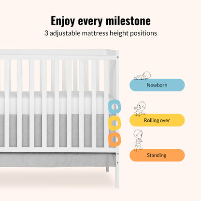 Dream On Me Synergy 5-in-1 Convertible Full-Size Baby Crib with Toddler, Day & Full Bed Conversion in White, GreenGuard Gold & BSA, 3 Mattress Heights, Sustainable Pinewood