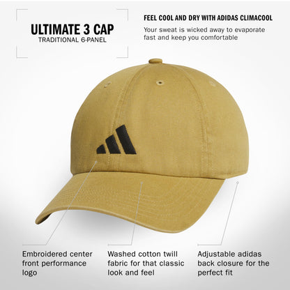 adidas Men's Ultimate Hat Relaxed Crown Adjustable Fit Strapback Cotton Baseball Cap, Khaki/Black