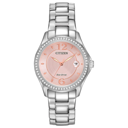 Citizen Women's Eco-Drive Dress Classic Crystal Watch in Stainless Steel, Pink Dial (Model: FE1140-86X)