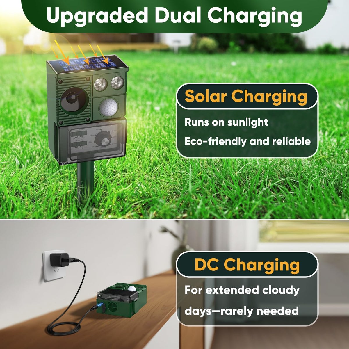 Solar Ultrasound Animal Repellent Outdoor, Deer Repellent Devices Skunk Repellent with Motion Detector & Flashing Light, Waterproof Raccoon Repeller, Cat Squirrel Rabbit Rat Repeller for Yard (Green)