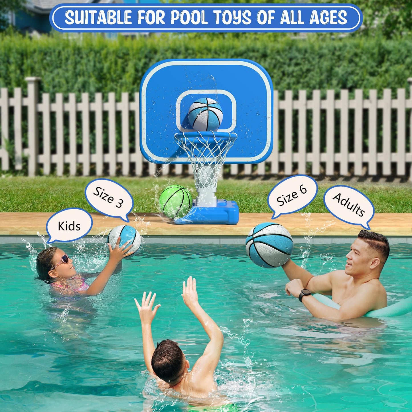 Pool Basketball Hoop, 33"x26"x50" Oversized Pool Toys with Adjustable Height Includes 4 Balls(Size 6, 2×Size 3, Glow)/ Nets/Pump for Poolside Water Basketball Game, Swimming Pool Games for Kids Adults