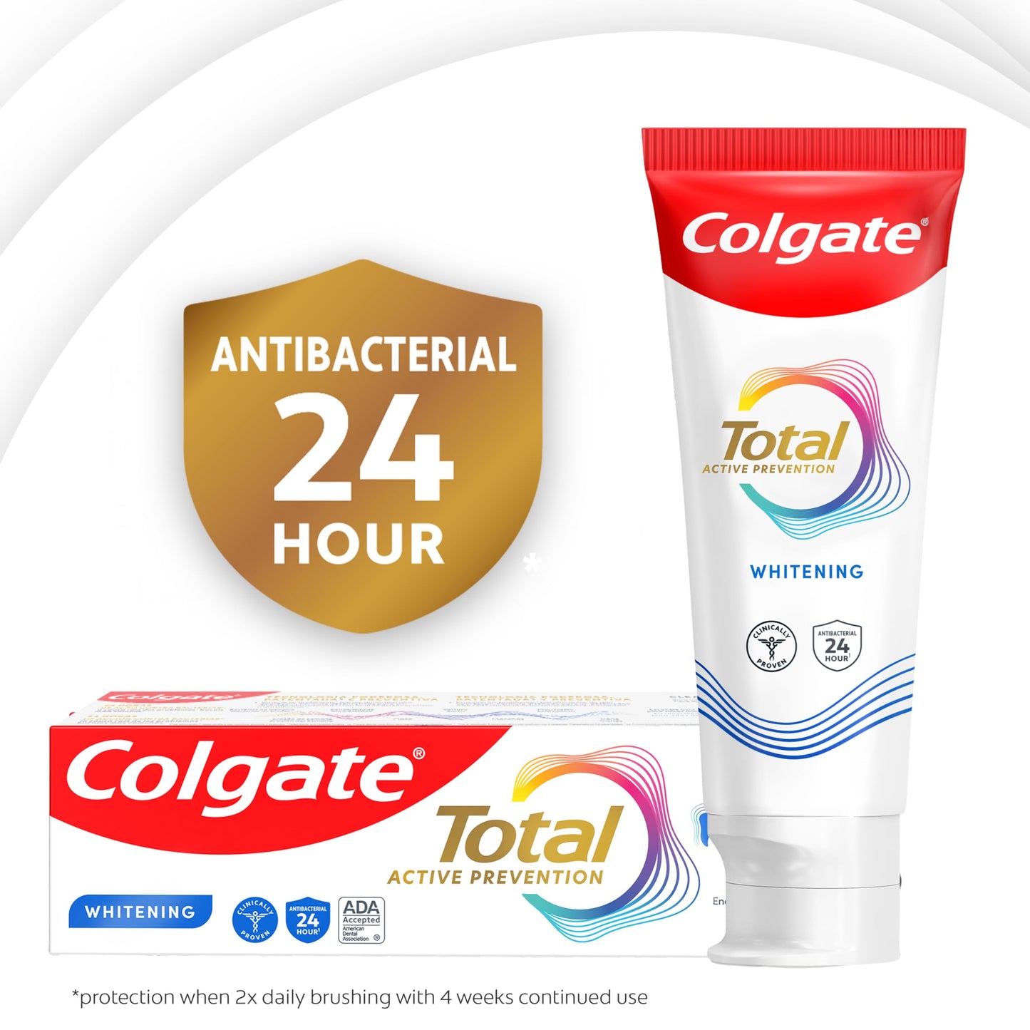Colgate Total Whitening Toothpaste Paste, 5.1 oz, 4 Pack, Fluoride, Antibacterial, for Plaque, Gingivitis, Sensitivity, Stain Removal, Clinically Proven, Mint, Teeth Whitening, Stannous Fluoride