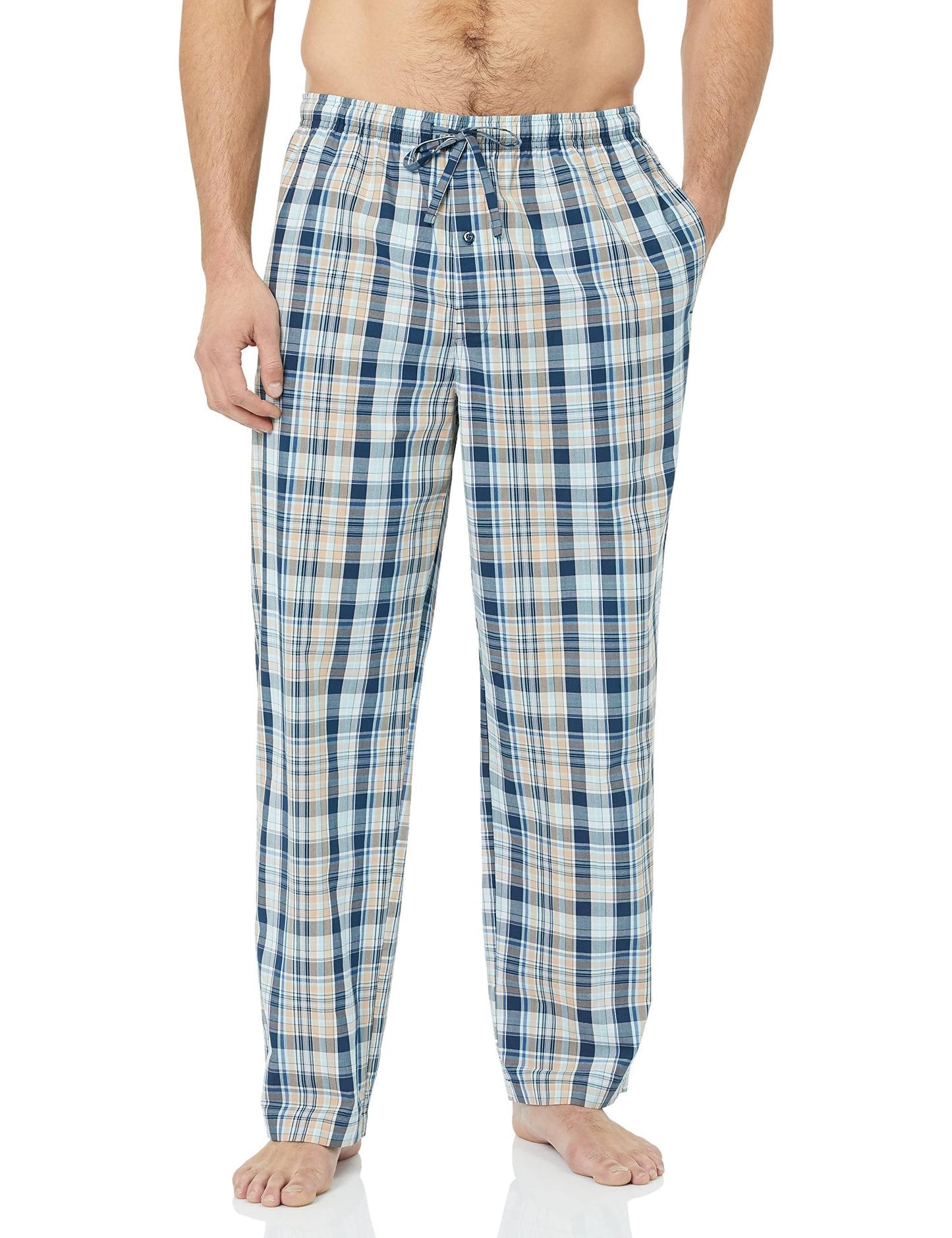 Amazon Essentials Men's Straight-Fit Woven Pajama Pant, Blue Light Orange Madras Plaid, X-Large