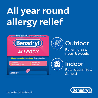 Benadryl Ultratabs Antihistamine Allergy Relief Medicine, Diphenhydramine HCl Tablets for Relief of Cold & Allergy Symptoms Such as Sneezing, Runny Nose, & Itchy Eyes & Throat, 100 ct