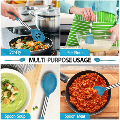 Pack of 4 Large Silicone Cooking Spatulas and Spoons, Slotted and Solid Stainless Steel Cooking Utensils Set, Non-stick Heat Resistant Kitchen for Baking, Fried, Stir-Fry, Mixing, Serving (Blue)
