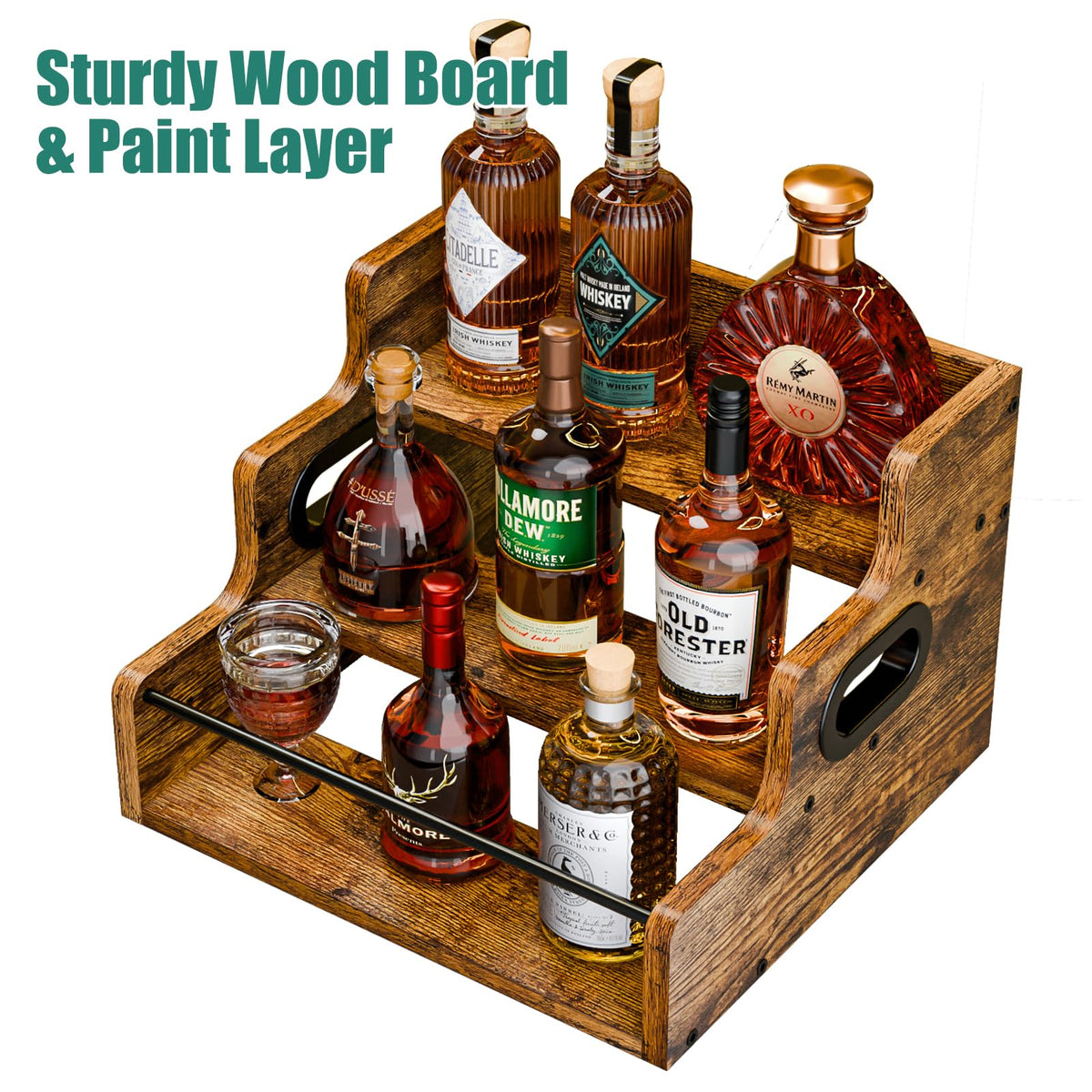 KLM Liquor Bottle Display Shelf, Coffee Syrup Rack Organizer, 3 Step Countertop Wine Rack, Mini Bar, Retro Bar Shelf Stand for Whiskey, Spirits