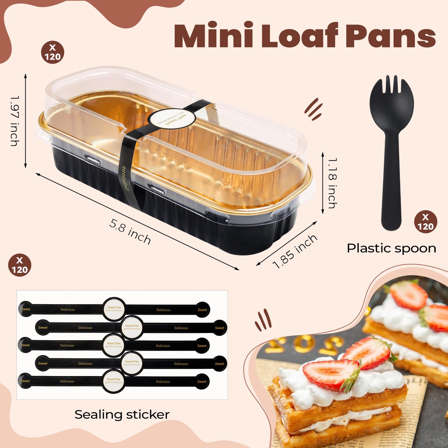 LOKQING Mini Loaf Pans with Lids Rectangle Aluminum Foil Baking Pans Tins Containers for Wedding Birthday Party 6.8oz(Black Gold, 120 Pack)
