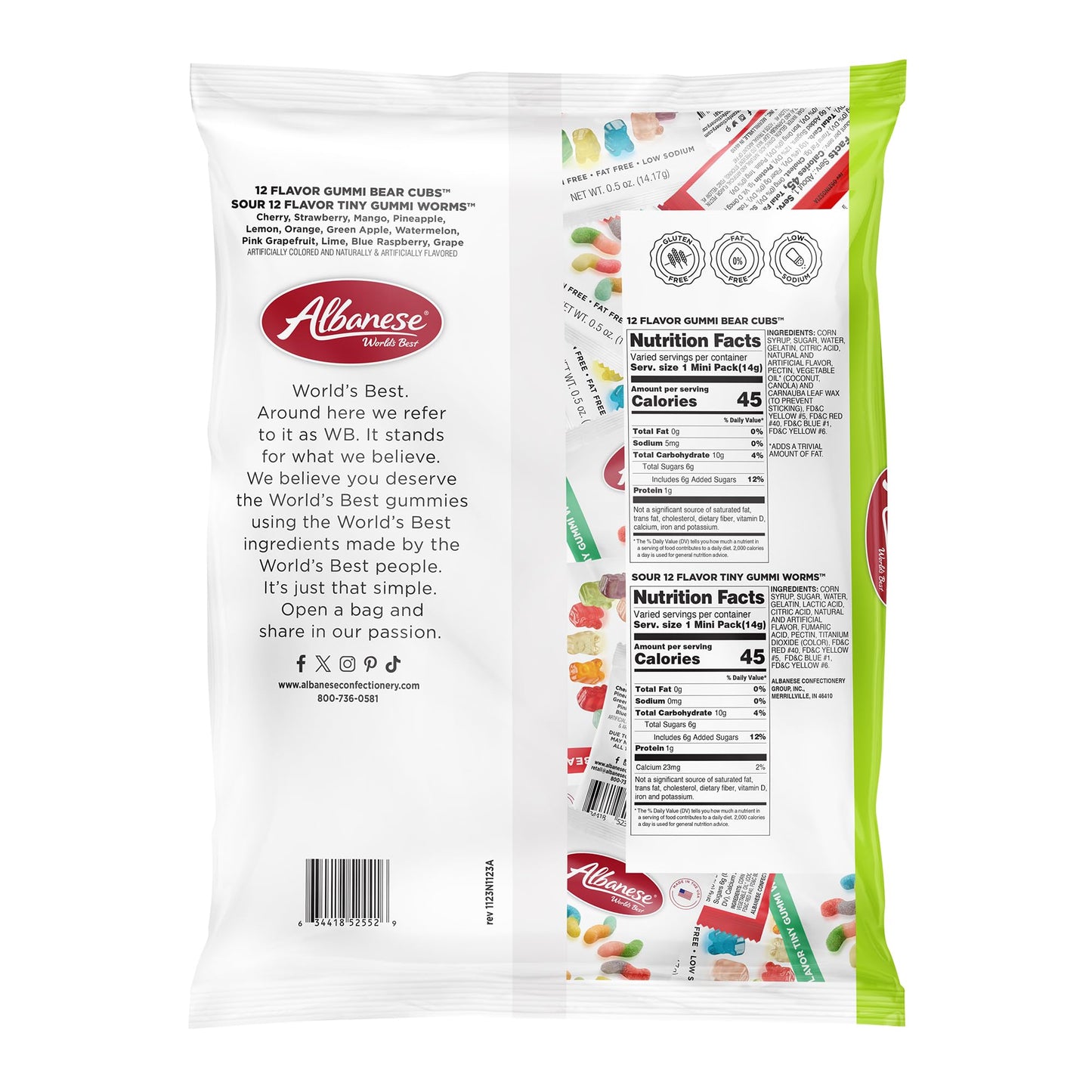 Albanese World's Best, Sweet & Sour Monster Combo, 45-0.5oz Trick or Treat Bags of Halloween Candy