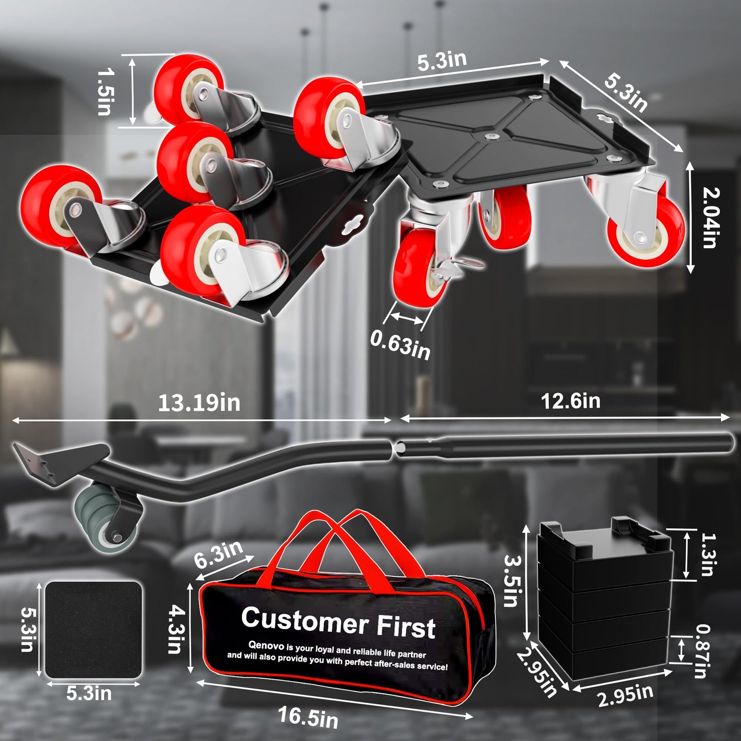 Qenovo Furniture Dolly Set 5 Wheels Heavy Duty, Furniture Movers with Silent Rubber Wheels, 360° Rotation with Brake, 1400Lbs Load Capacity, Furniture Lifter for Easy Moving Large Furniture.