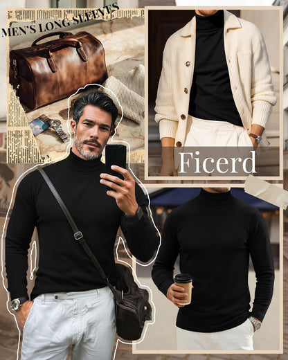 Ficerd 3 Pack Men's Turtleneck Shirts, Long Sleeve Cotton Pullover Sweaters Mock Neck Knitted T Shirt Basic Slim Fit Tee Tops(Black,Large)