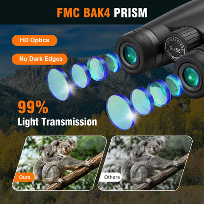 18x56 HD Binoculars for Adults High Powered with Phone Adapter and Tripod, Super Powerful BAK4 Prism FMC Waterproof Binoculars with Clear Low Light Vision, Binoculars for Hunting Bird Watching Travel