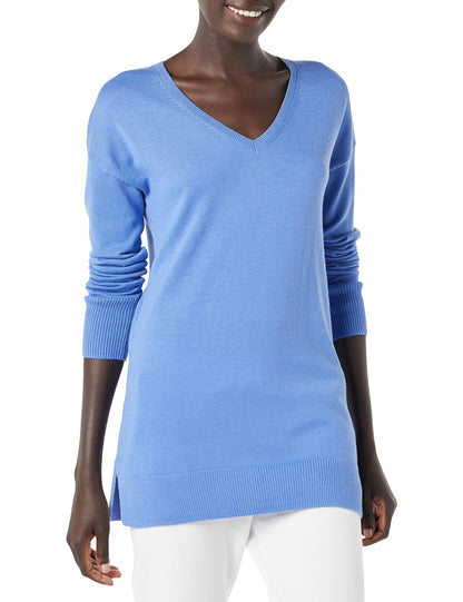 Amazon Essentials Women's Lightweight Long-Sleeve V-Neck Tunic Sweater (Available in Plus Size), Blue, X-Large