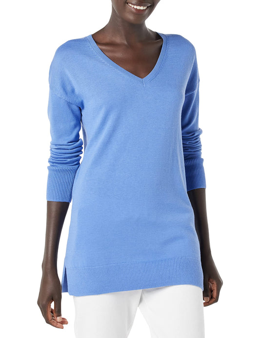 Amazon Essentials Women's Lightweight Long-Sleeve V-Neck Tunic Sweater (Available in Plus Size), Blue, X-Large