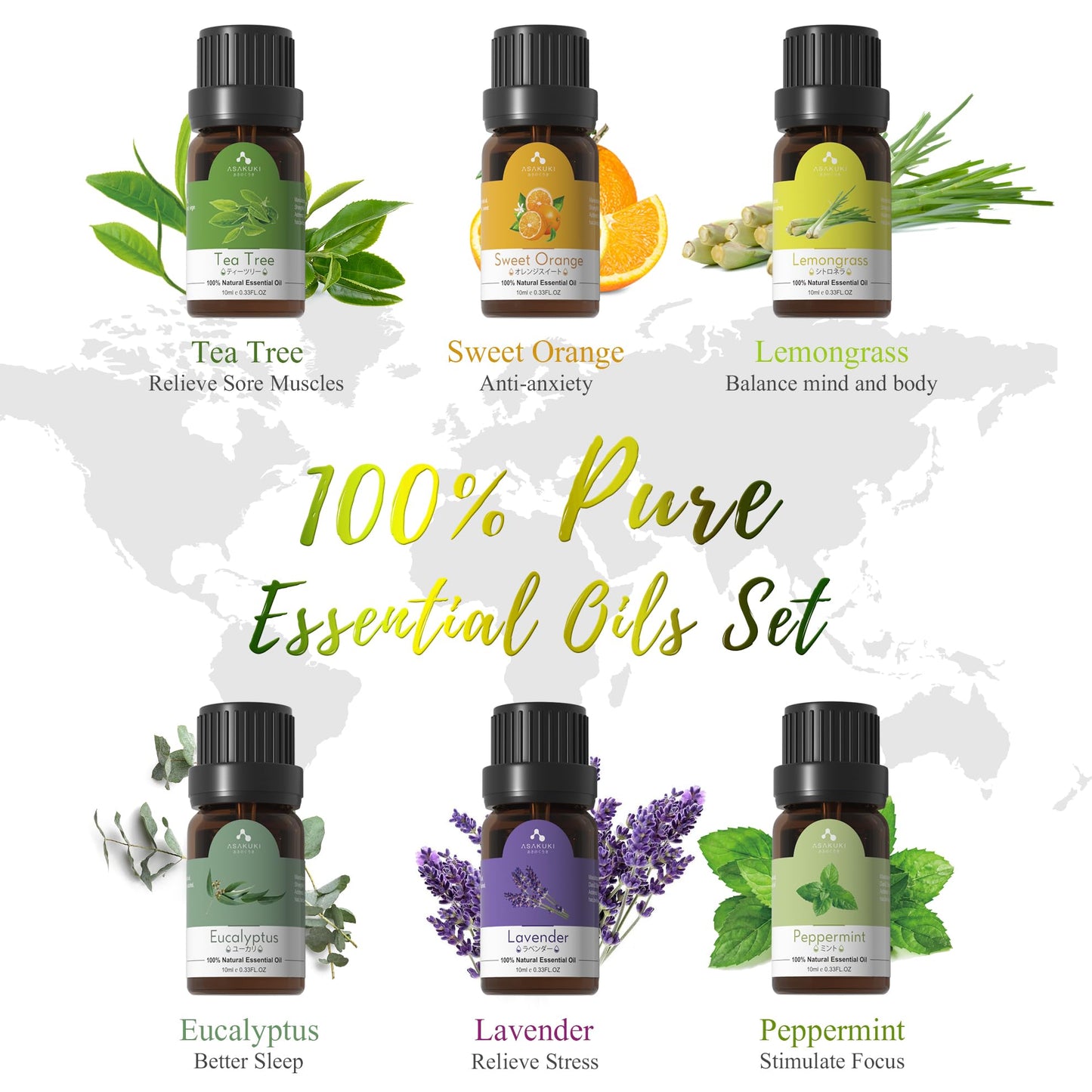 ASAKUKI Oil Diffuser with Essential Oils Set, 500ml Aromatherapy Humidifier with 14 LED Colors & Auto Shut-Off - 6 Oil Gift Pack(Lavender Eucalyptus Tea Tree Orange Peppermint Lemongrass)