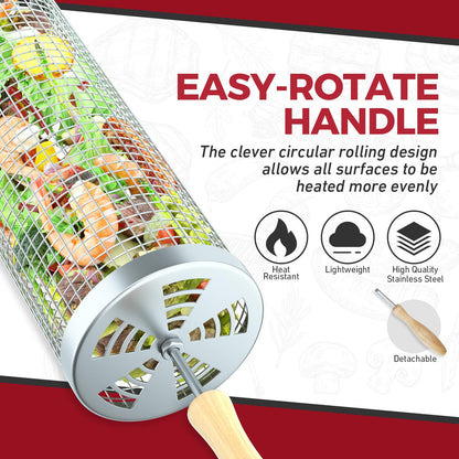 Rolling Grill Basket(2PCS), Removable Wooden Handle, 304 Stainless Steel, Grilling Accessories Tools for Vegetables Meat Food, Outdoor Camping Grilling, Birthday Gifts for Men Husband Men