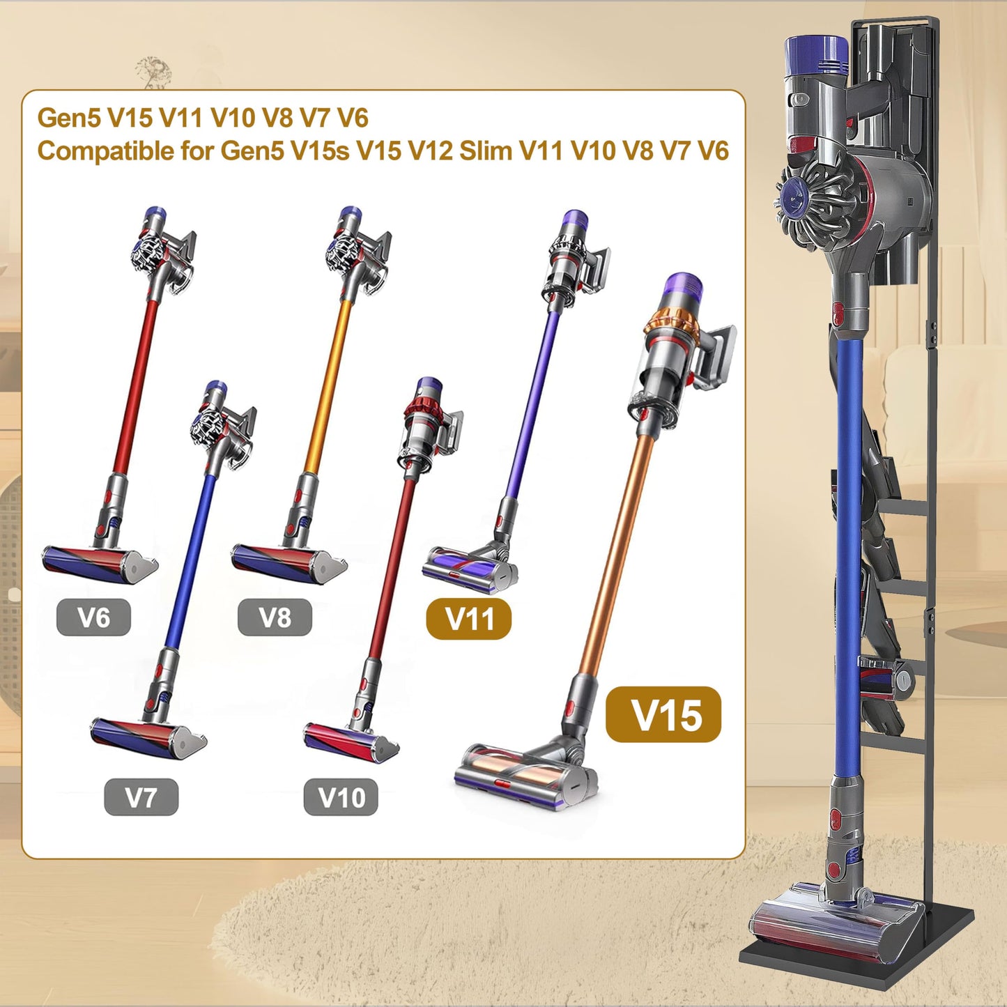 OUTBROS Vacuum Stand,Stable Metal Storage Bracket Compatible with Dyson V15 V12 V11 V10 V8 Series Handheld Cordless Vacuum Cleaners and Accessories and Attachments, Black