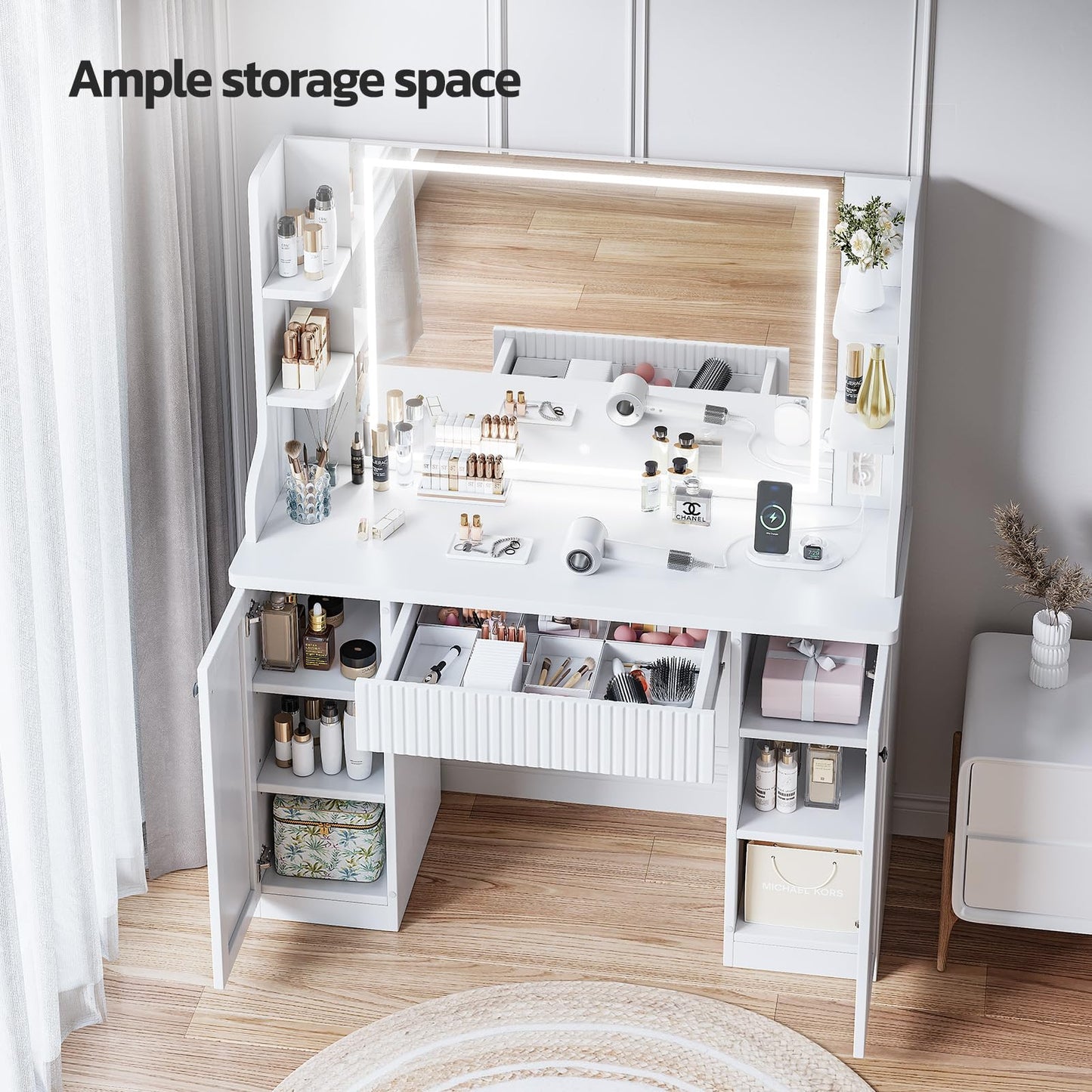Fluted Makeup Vanity Desk with Mirror and Lights, Makeup Vanity Table with Power Outlet, Dressing Table with Storage, Adjustable Shelves, Touch Control, Modern White Vanity Desk with Lights