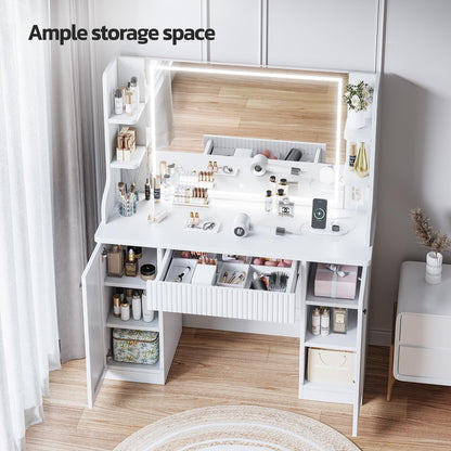 Fluted Makeup Vanity Desk with Mirror and Lights, Makeup Vanity Table with Power Outlet, Dressing Table with Storage, Adjustable Shelves, Touch Control, Modern White Vanity Desk with Lights