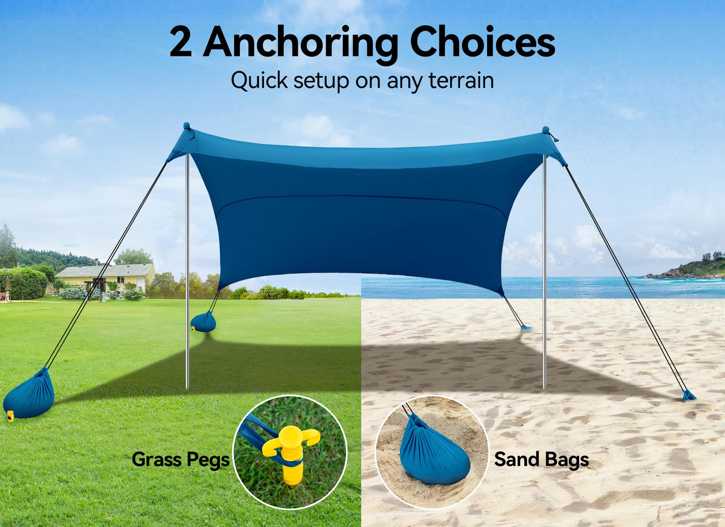 Beach Tent, Camping Sun Shelter 10 x 10ft, with 4 Sandbags, UPF50+, includes Sand Shovel, Ground Pegs & Stability Poles, Pop Up Beach Canopy Sunshade for Fishing, Backyard Fun or Picnics