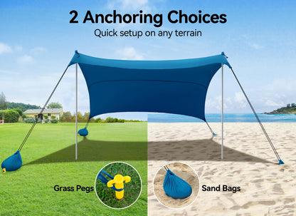 Beach Tent, Camping Sun Shelter 10 x 10ft, with 4 Sandbags, UPF50+, includes Sand Shovel, Ground Pegs & Stability Poles, Pop Up Beach Canopy Sunshade for Fishing, Backyard Fun or Picnics