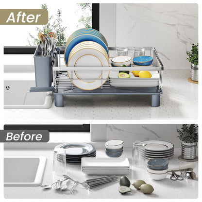 SNTD Dish Drying Rack - Small Dish Rack for Kitchen Counter, Stainless Steel Dish Drainer with Utensil Holder and Drainboard, 11" W x 15" L (Silver)