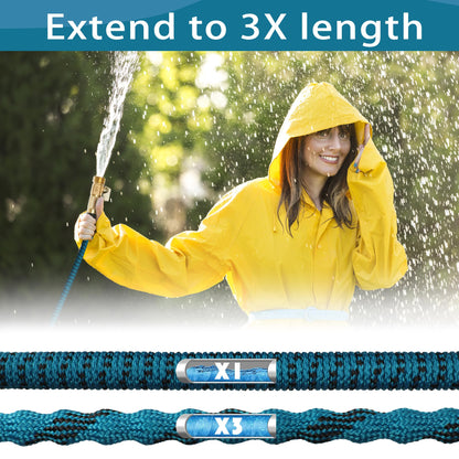 Expandable Garden Hose 25 ft - 2025 New Flexible Water Hose with 10 Pattern Spray Nozzle, 3/4 Solid Brass Connectors, Lightweight Expanding Hoses(Blue Black)
