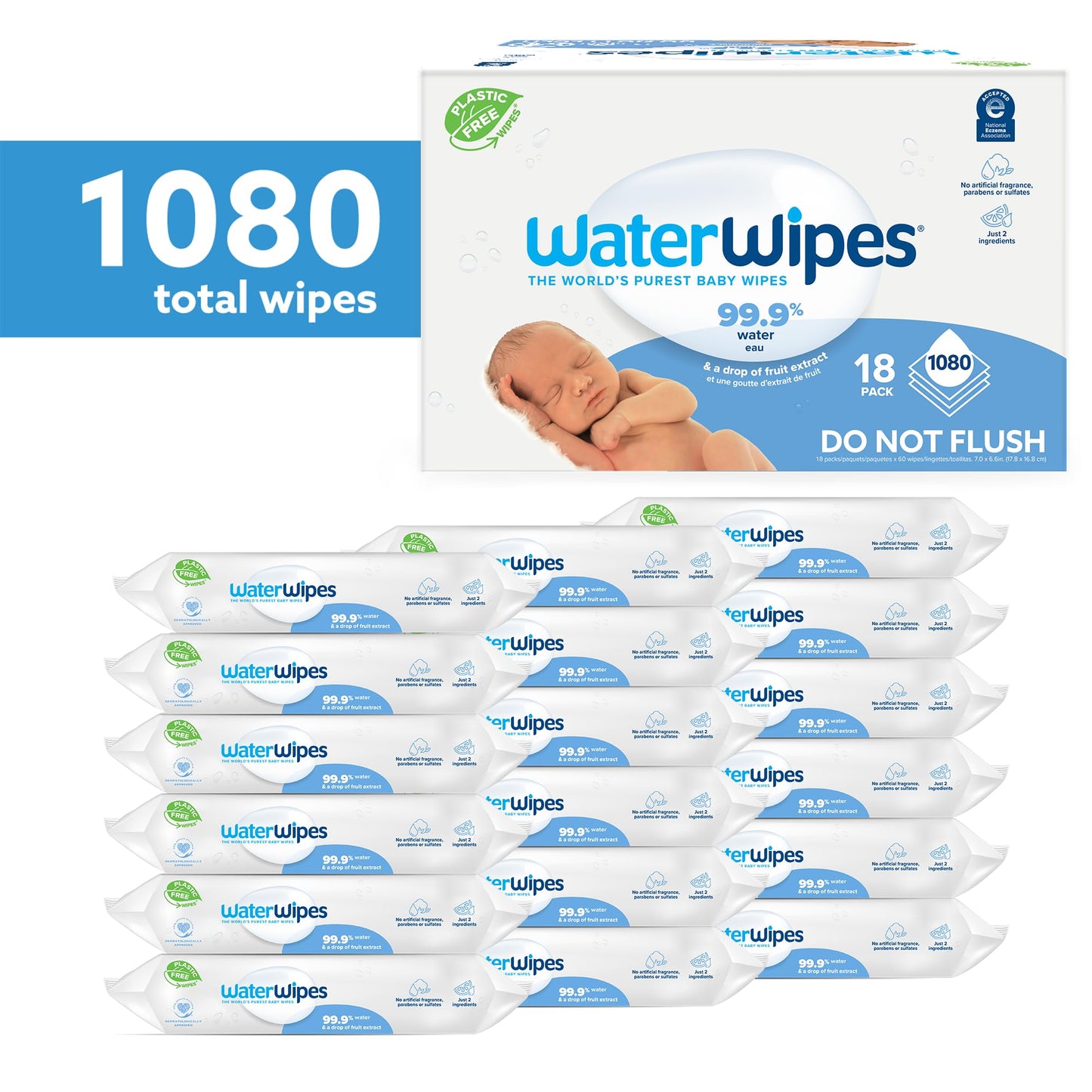 WaterWipes Plastic-Free Original Baby Wipes, 99.9% Water Based Wipes, Unscented & Hypoallergenic for Sensitive Skin, 1080 Count (18 packs)