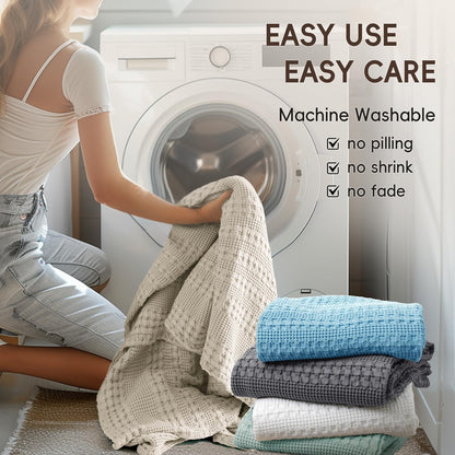 David's Home 100% Cotton Waffle Weave Throw Bed Blanket Queen Size, Lightweight Breathable Soft Spring Blanket for Bed, Gift for Women, Aesthetics Home Decor for Couch Sofa Bedding，White，90" * 90"