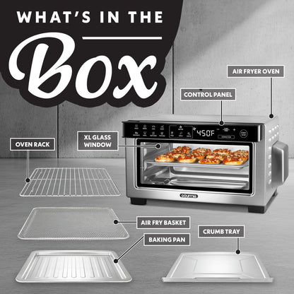 Gourmia Toaster Oven Digital Air Fryer - Convection Mode with 4 Slice Capacity, 3 Rack Positions, 12 Presets, Toast, Bagel, Bake, Roast, Broil, Dehydrate, Popcorn, Fits 9" Pizza, Stainless Steel