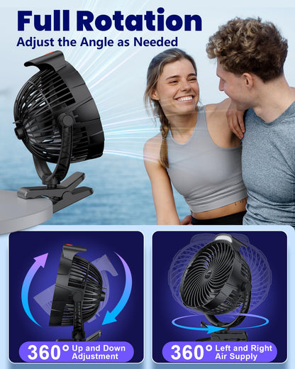Tenvolti 10000mAh Clip on Fan, 8-Inch Golf Cart Fan Rechargeable with LED Light, 9 Speeds Strong Airflow, Ultra Quiet, 30Hrs Runtime, 360° Rotation, Cooling for Bed Camping Office Desk Dorm, Black