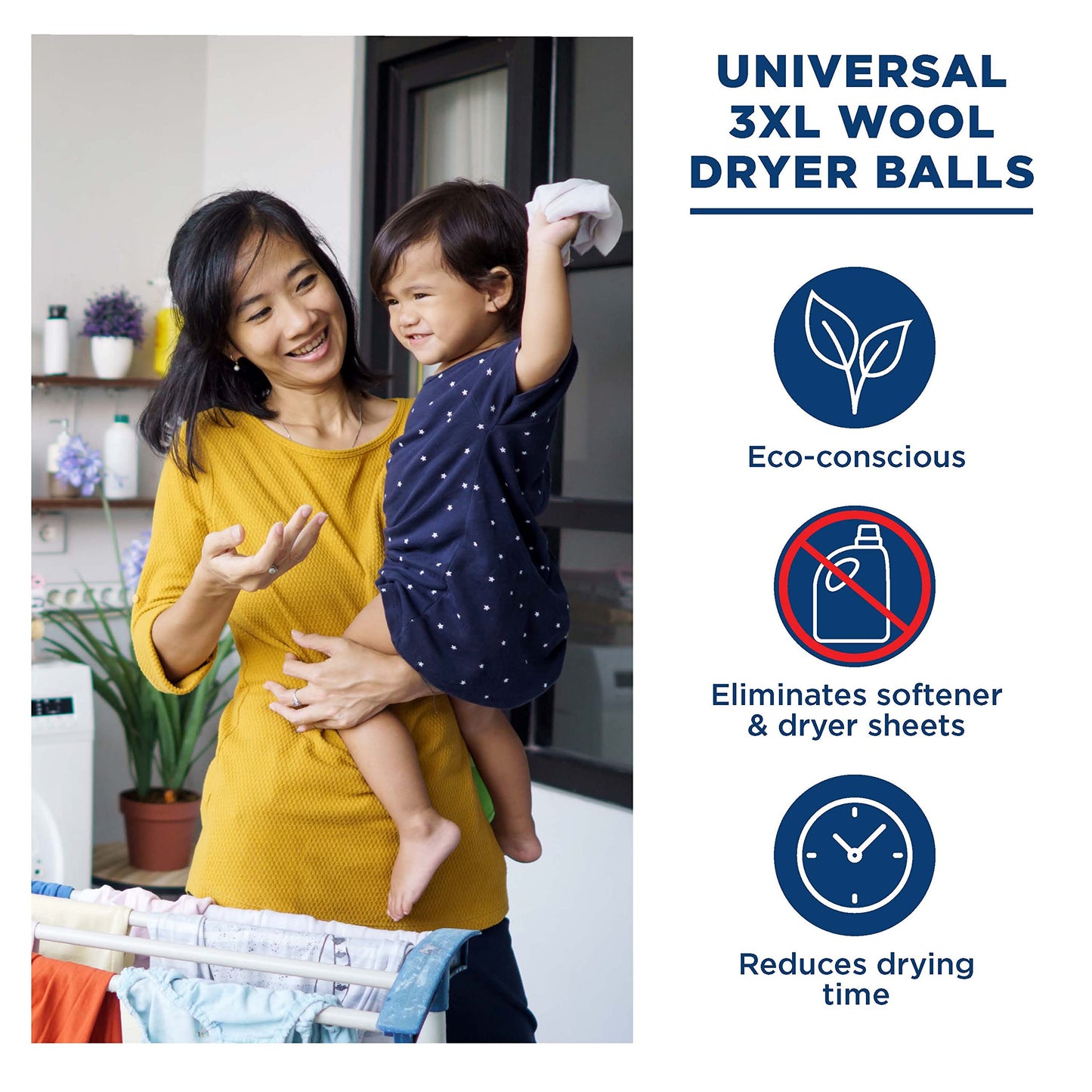 GE Appliances Wool Dryer Balls, XL Reusable Natural Fabric Softener Made of 100% Pure New Zealand Wool, Set of 3