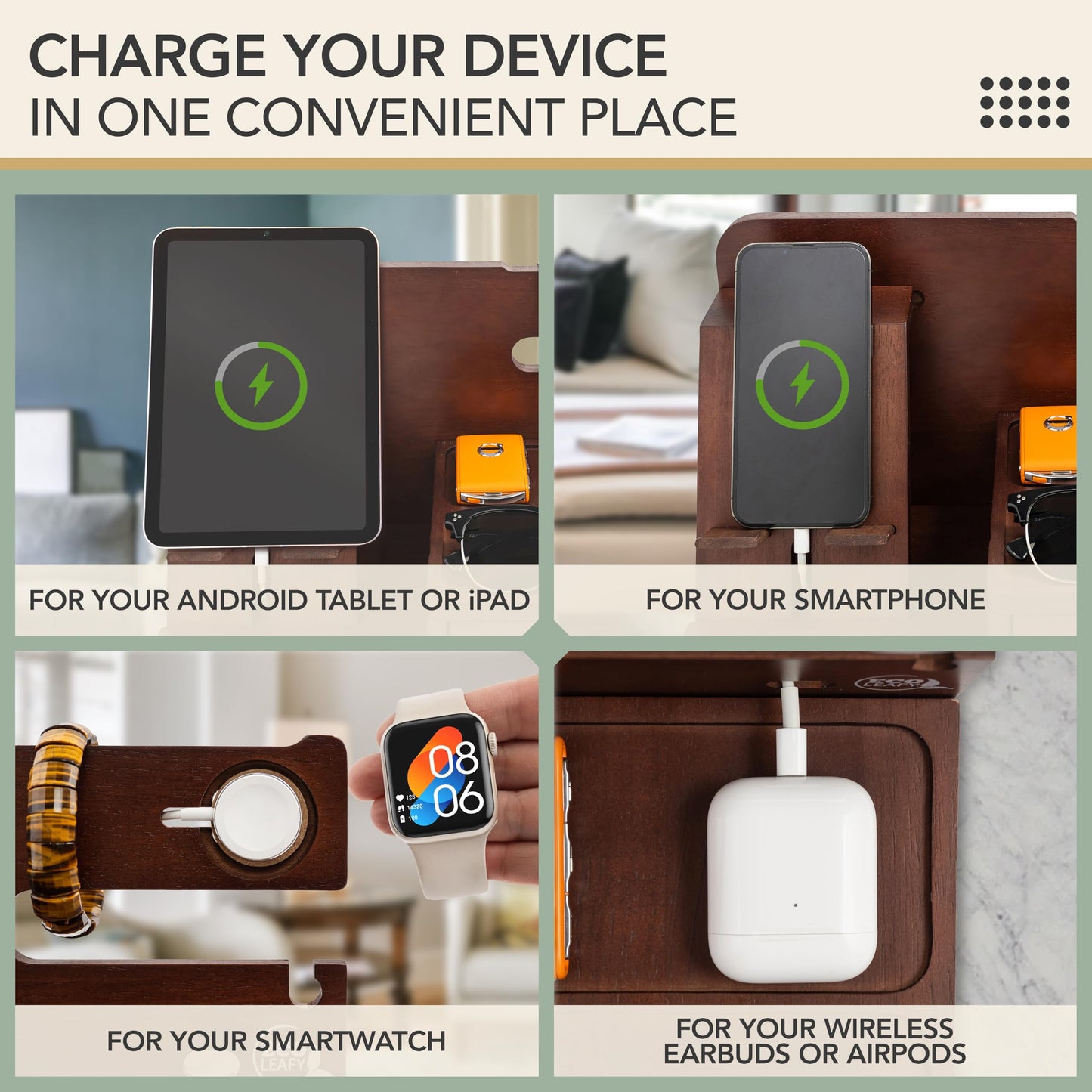 EcoLeafy Dot Nightstand Organizer- Bedside Docking Station for Men- Unique Gifts for Husband, Father or Dad from Wife, Son or Daughter- Desk Organizer for Phone, Watches, Wallet & Accessories (Brown)