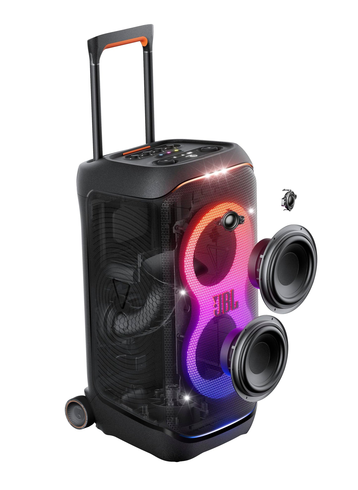 JBL PartyBox Stage 320 - Portable Party Speaker with Telescopic Handle & Wide, Sturdy Wheels, Powerful JBL Pro Sound, Futuristic lightshow, Up to 18 Hours of Play time, Splash Proof (Black)