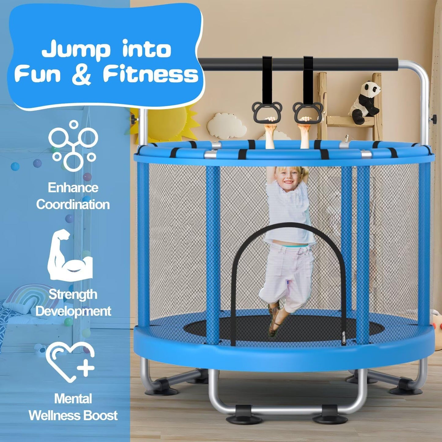 ZCMHAXJ 55" Trampoline for Kids with Enclosure, 440lbs Capacity Indoor & Outdoor Toddler Trampoline with Adjustable Gymnastics Bar & Toys, Gifts for Boys & Girls