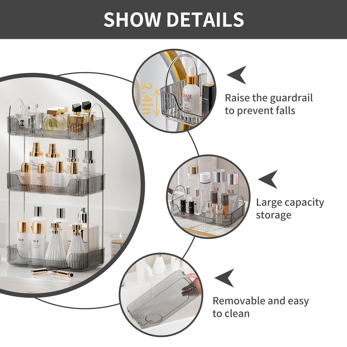 Akinbas 3 Tier Bathroom Organizer Countertop Makeup Perfume Tray Skincare Organizer for Bathroom Dresser Vanity (Grey)
