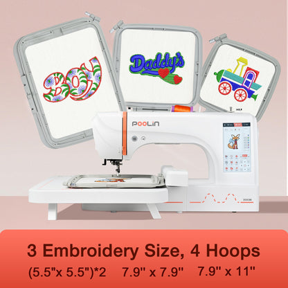 POOLIN EOC06 Embroidery Machine 7.9x11 Inch Large Hoop for Beginners,Computerized 7 Inch Touchscreen,Machine Embroidery Gifts,Includes Hoops,USB,Stabilizer,Bobbins,Home Embroidery Machine