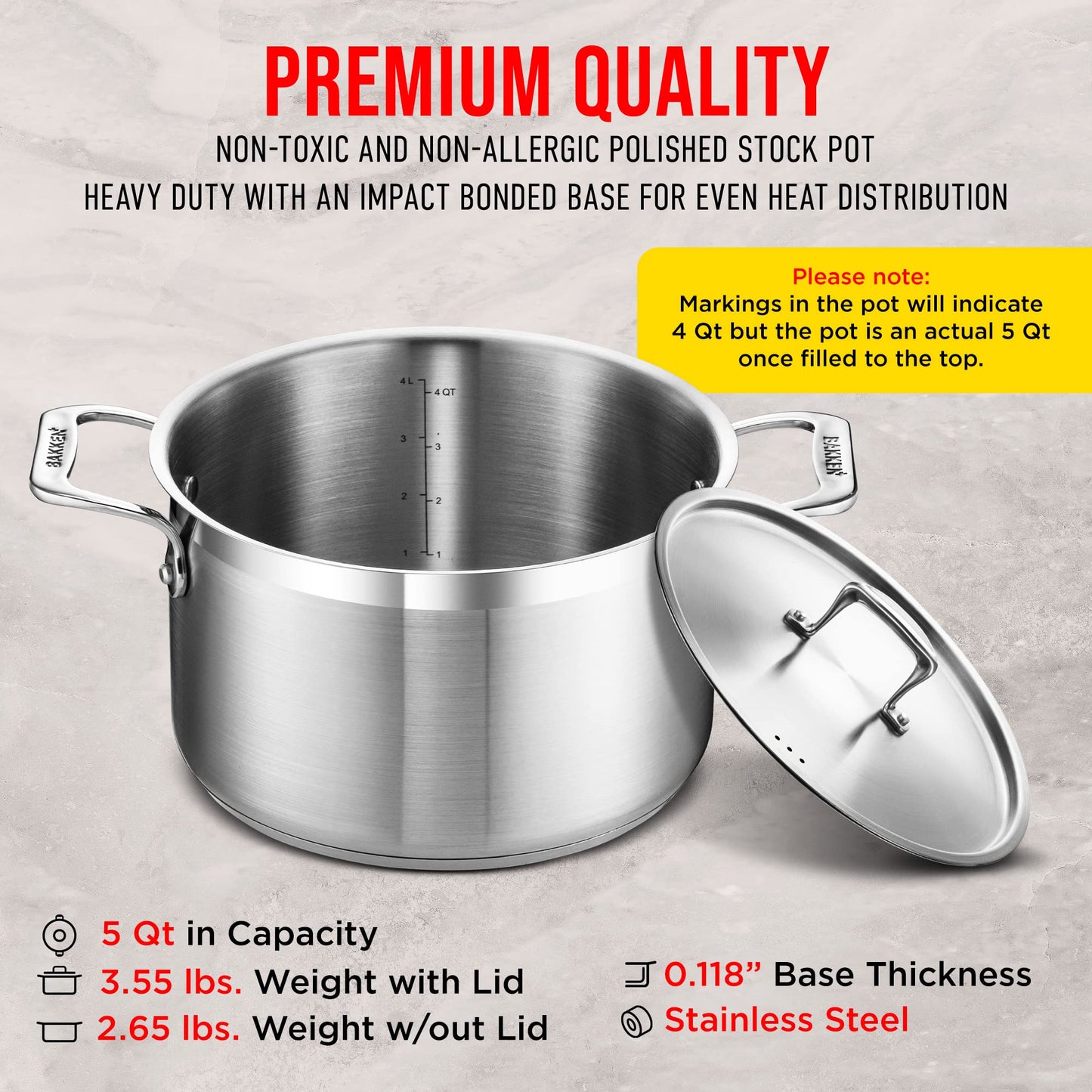 Stockpot – 5 Quart – Brushed Stainless Steel – Heavy Duty Induction Pot with Lid and Riveted Handles – For Soup, Seafood, Stock, Canning and for Catering for Large Groups and Events by BAKKEN