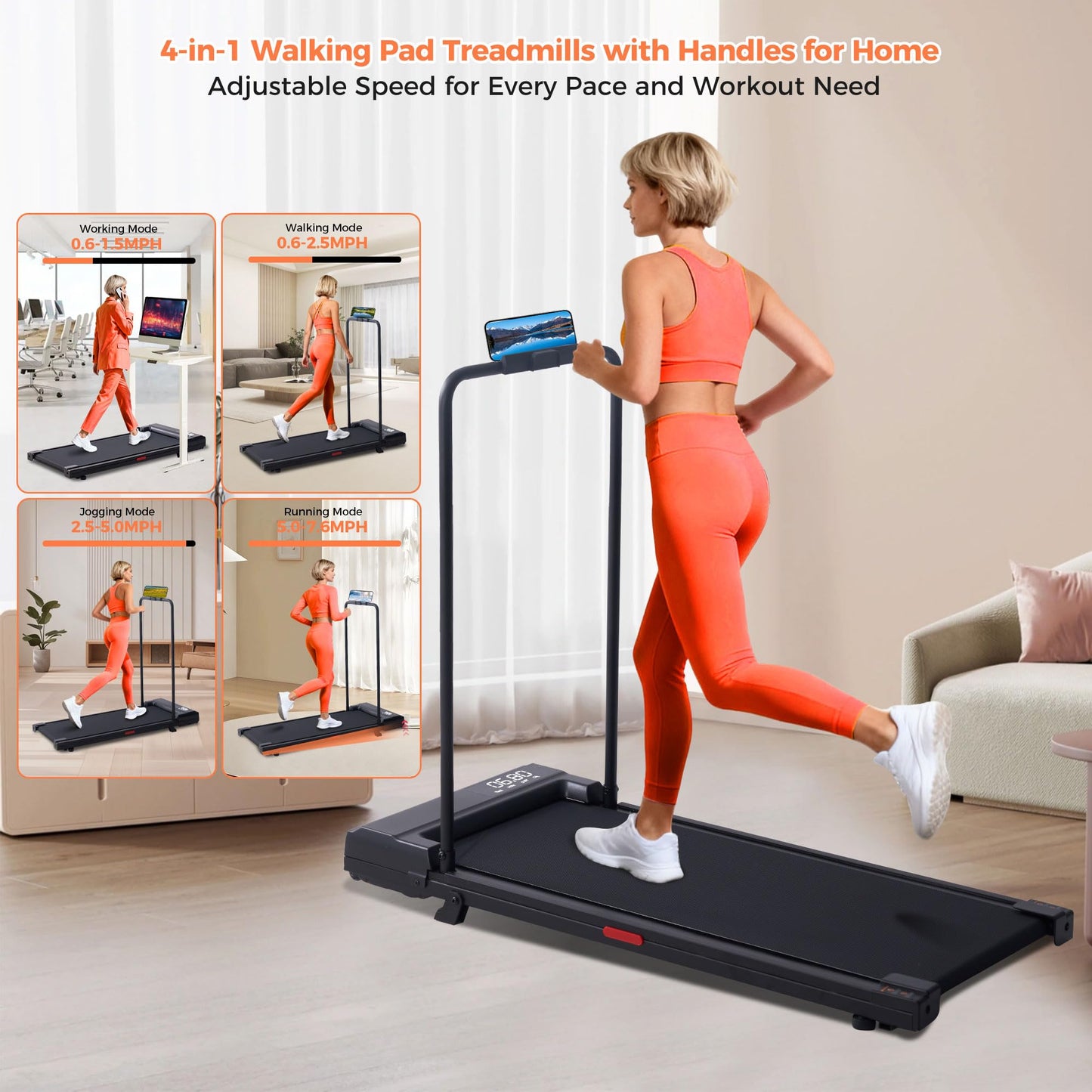 SUOUER Walking Pad Treadmill with Handle Bar, 2026 Upgrade Portable Under Desk Treadmill for Home Small with Handles, 3.0HP Walking Pad for Home, 0.6-7.6MPH, 350LBS