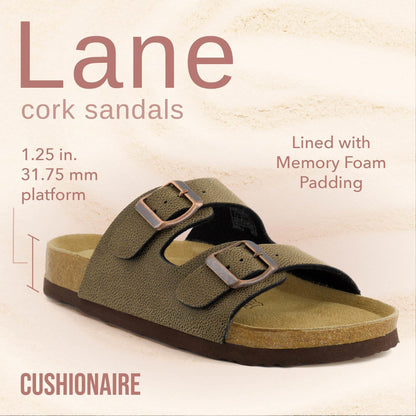 CUSHIONAIRE Lane Cork Footbed Sandals for Women – Comfortable Double Buckle Slip-On with Genuine Suede Footbed & Arch Support Slides for Women Footwear, BROWN 7