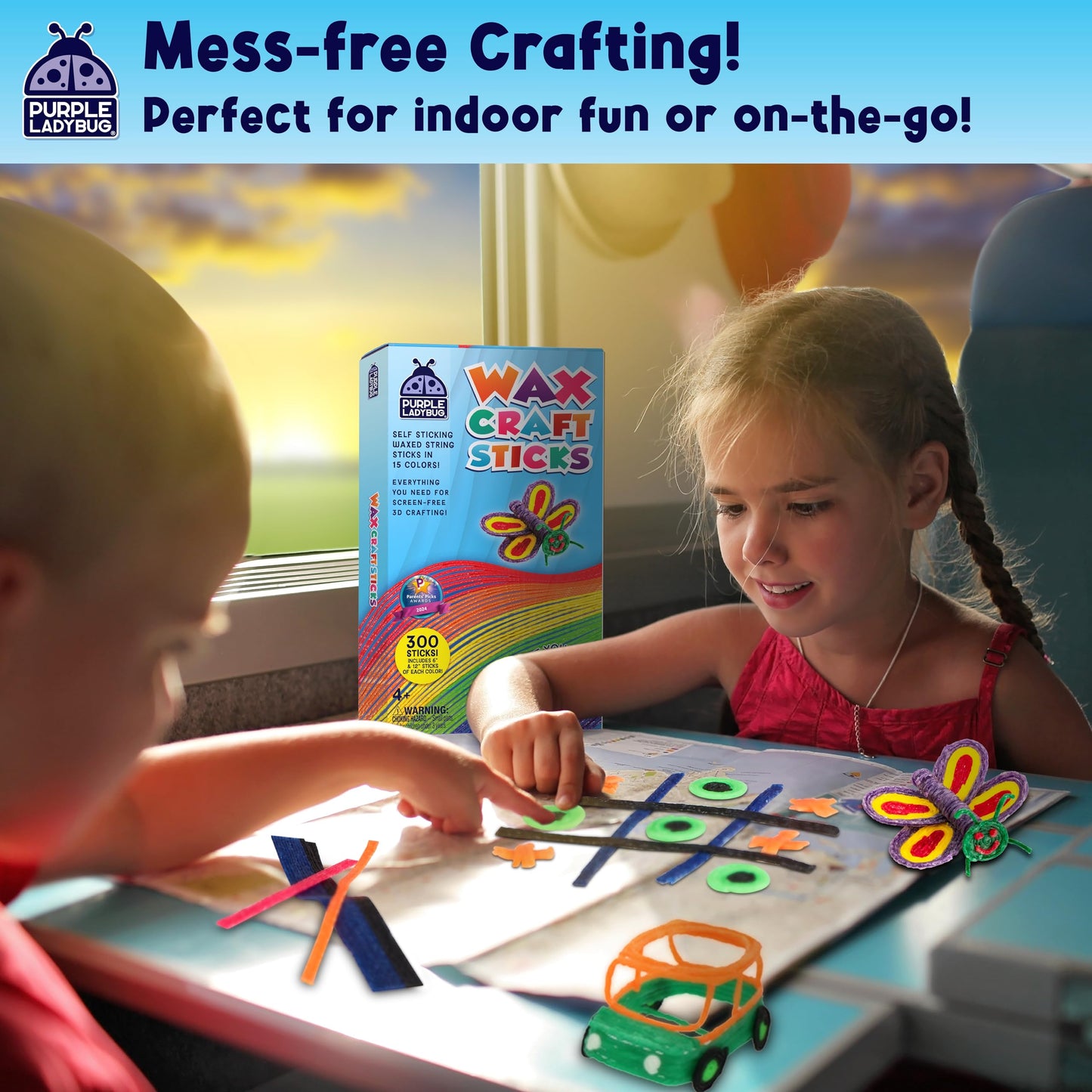 PURPLE LADYBUG Bendable Wax Craft Sticks for Kids - Christmas Stocking Stuffers, Camping Essentials, Road Trip Activities, Travel Toys for Toddlers in Car, Airplane & Restaurant - 15 Colors, 300 Pcs