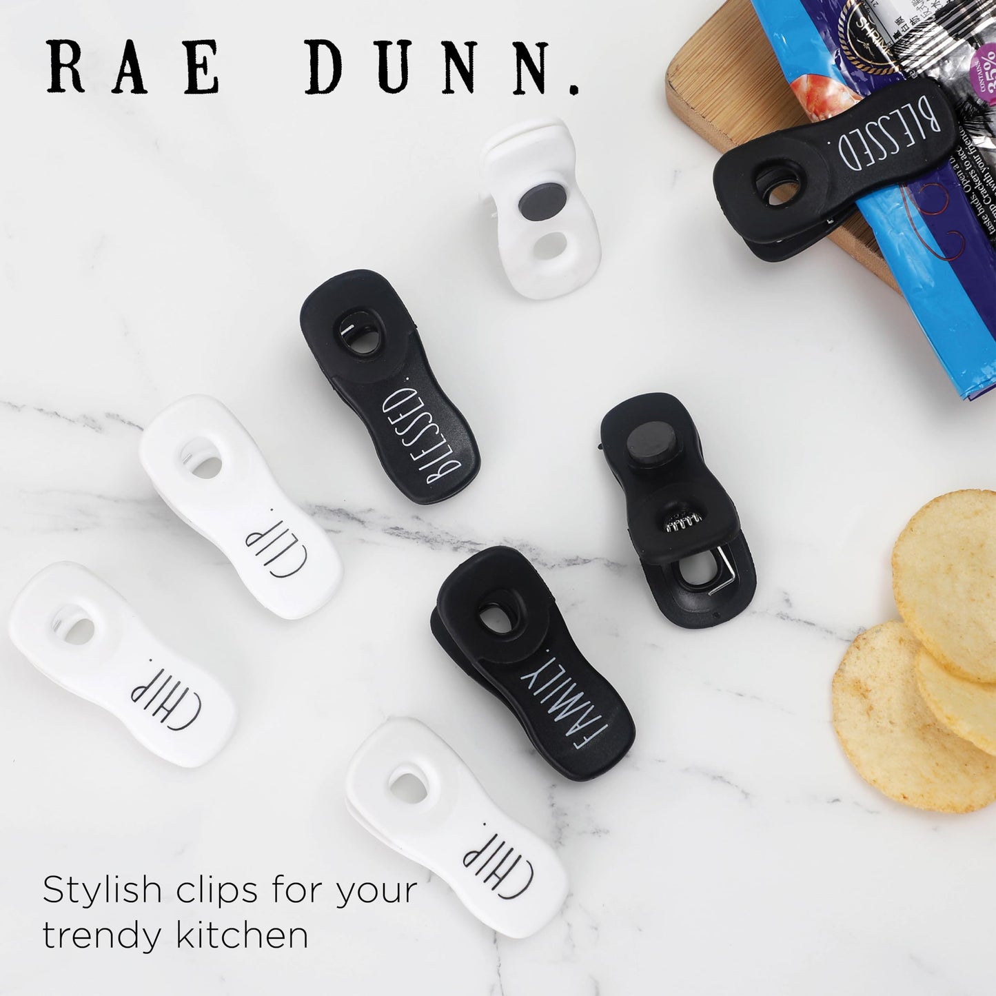 Rae Dunn Bag Clips with Magnet - Chip Clips, Food Storage with Air Tight Seal Grip for Bread, Snack and Food Bags, Pack of 20, Black and White