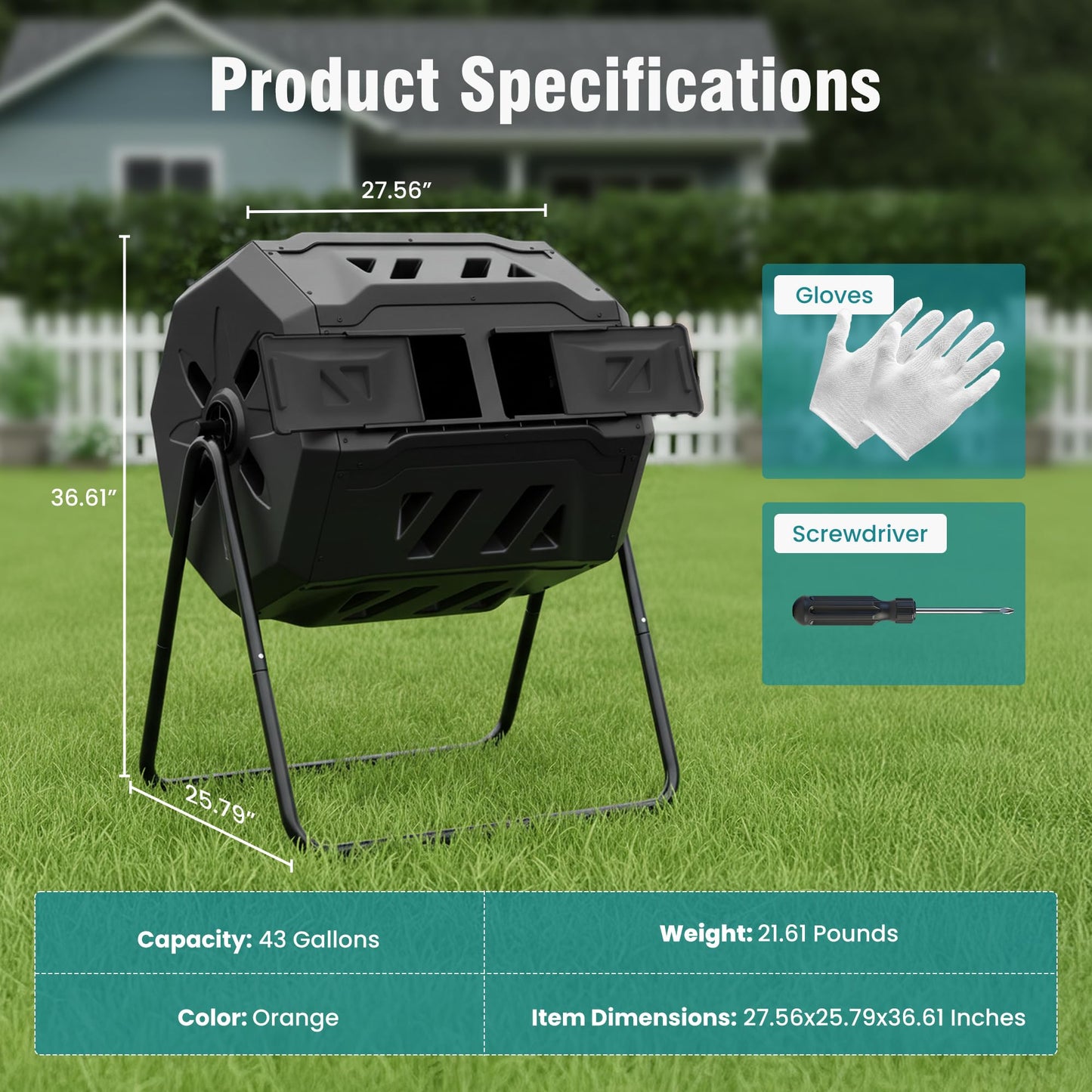 OLIXIS Compost Bin Outdoor 43 Gallon, Dual Chamber Composter Tumbler Outdoor with Gloves, Efficient 360°Rotating Composting Bin for Patio, Lawn, Home Gardening and Landscape, Black
