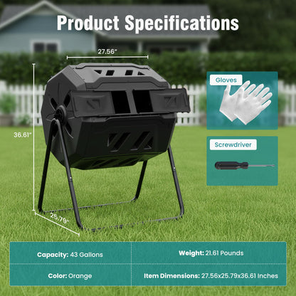 OLIXIS Compost Bin Outdoor 43 Gallon, Dual Chamber Composter Tumbler Outdoor with Gloves, Efficient 360°Rotating Composting Bin for Patio, Lawn, Home Gardening and Landscape, Black