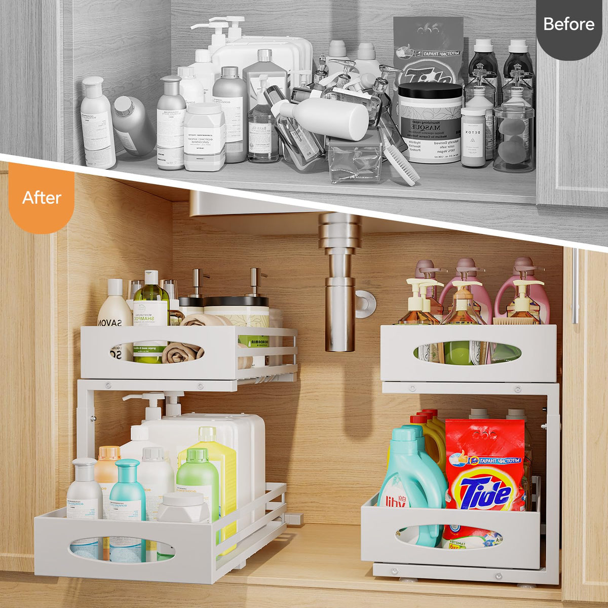 mixeshop Under Sink Organizer, Pull Out Cabinet Organizers, Slide Sink Steel Shelf Cabinet Storage Shelves, Under Sink Storage for Kitchen Bathroom Cabinet (White, 2 Pack)