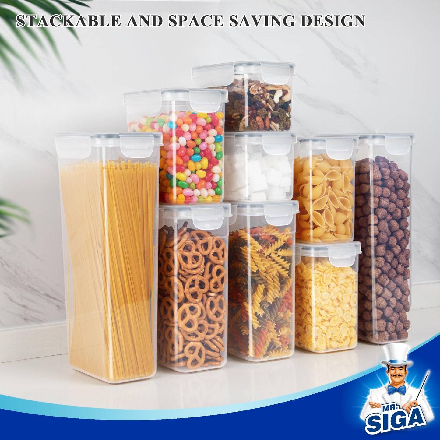 MR.SIGA 12 Pack Airtight Food Storage Container Set, BPA Free Kitchen Pantry Organization, Kitchen Canisters for Cereal, Spaghetti, includes 16 Reusable Sticker Labels